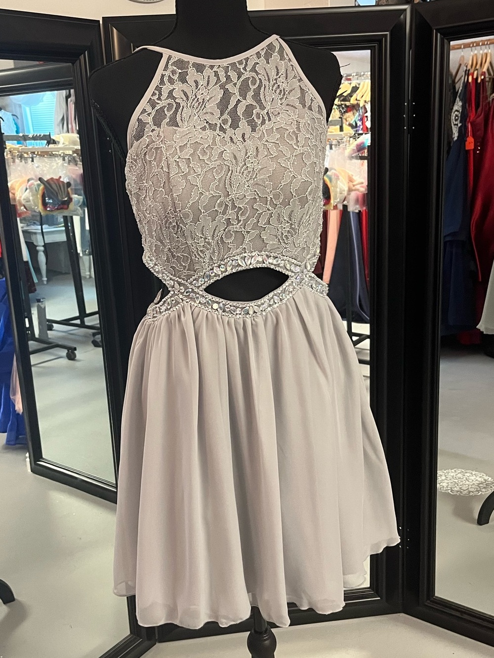 Xtraordinary Silver Lace Halter Cutout Mini Dress